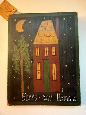 Folk Art 'Bless Our Home' Wooden Wall Plaque - Rustic Red & Green